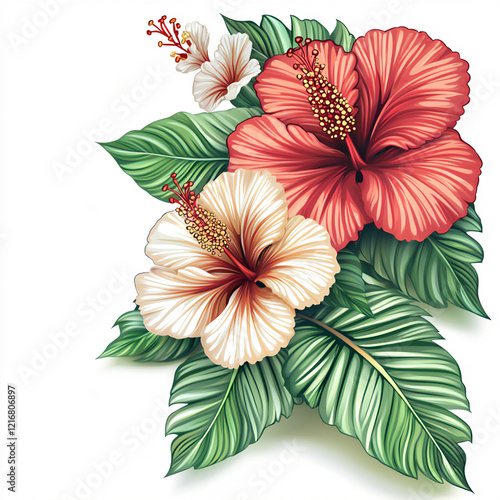  tropical flower border, isolated on white background