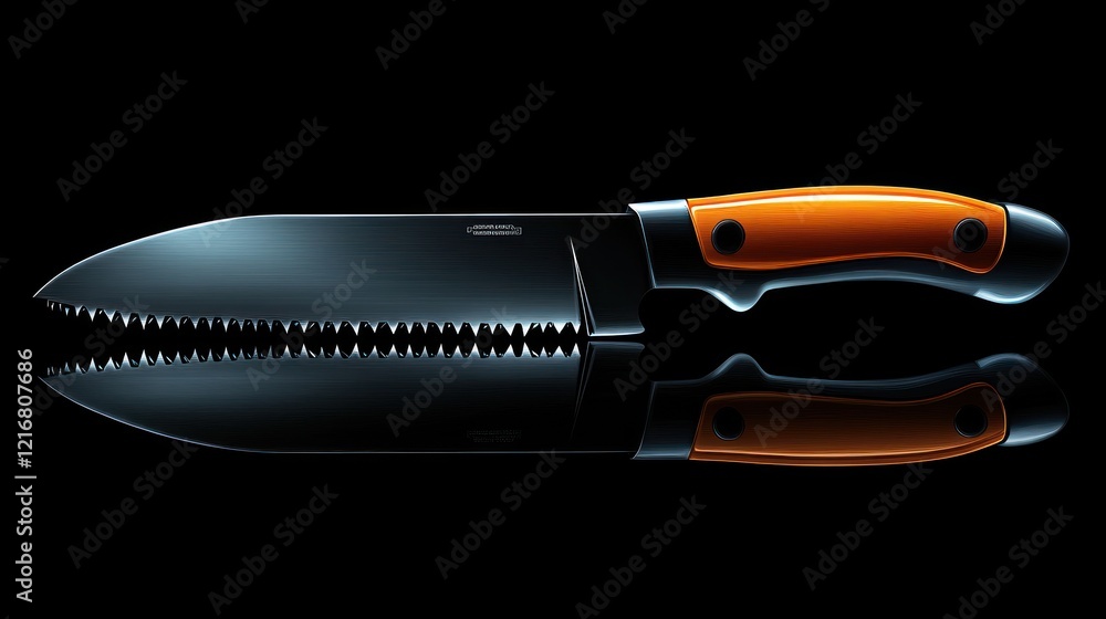 Sharp serrated knife with orange handle reflected on black surface. Sharp serrated knife with orange handle reflected on black surface.