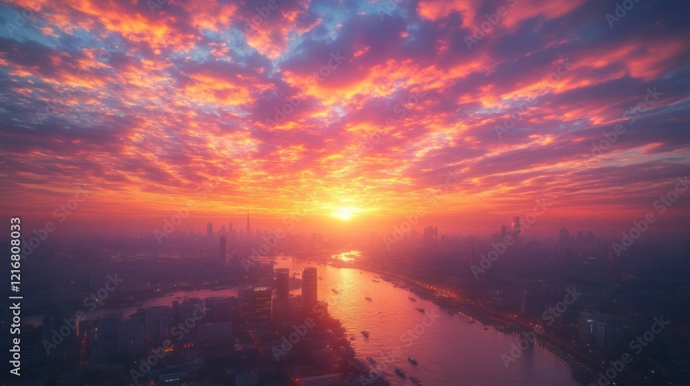 Fototapeta premium Fiery sunset over cityscape, river, hazy sky