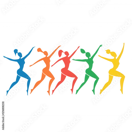 Colorful silhouettes of joyful dancers expressing vibrant movement and happiness., isolated on a transparent background. photo