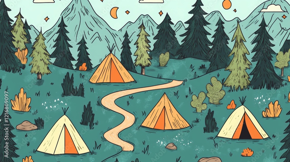 Seamless camping pattern with doodles of tents, landscapes, and trails, perfect for textiles or banners. Seamless camping pattern with doodles of tents, landscapes, and trails, perfect for textiles or banners.