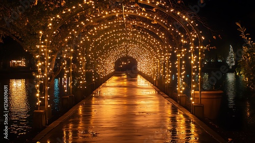 Wallpaper Mural Illuminated walkway over water at night, festive lights, romantic ambiance, holiday event Torontodigital.ca