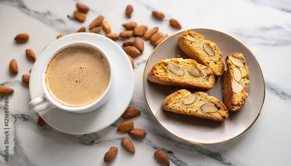 Cappuccino and italian biscotti with almonds for breakfast on marble table Cappuccino and italian biscotti with almonds for breakfast on marble table