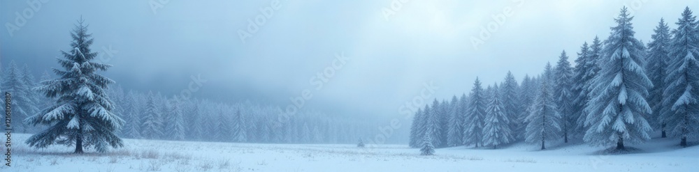 Naklejka premium Dense snowforest with misty foggy grey atmosphere, landscape, forest