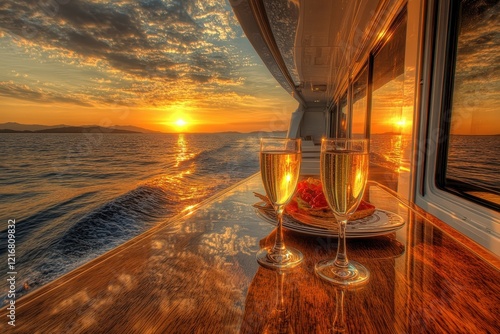 Sunset cruise with sparkling wine on luxury yacht - relaxation and elegance at sea photo