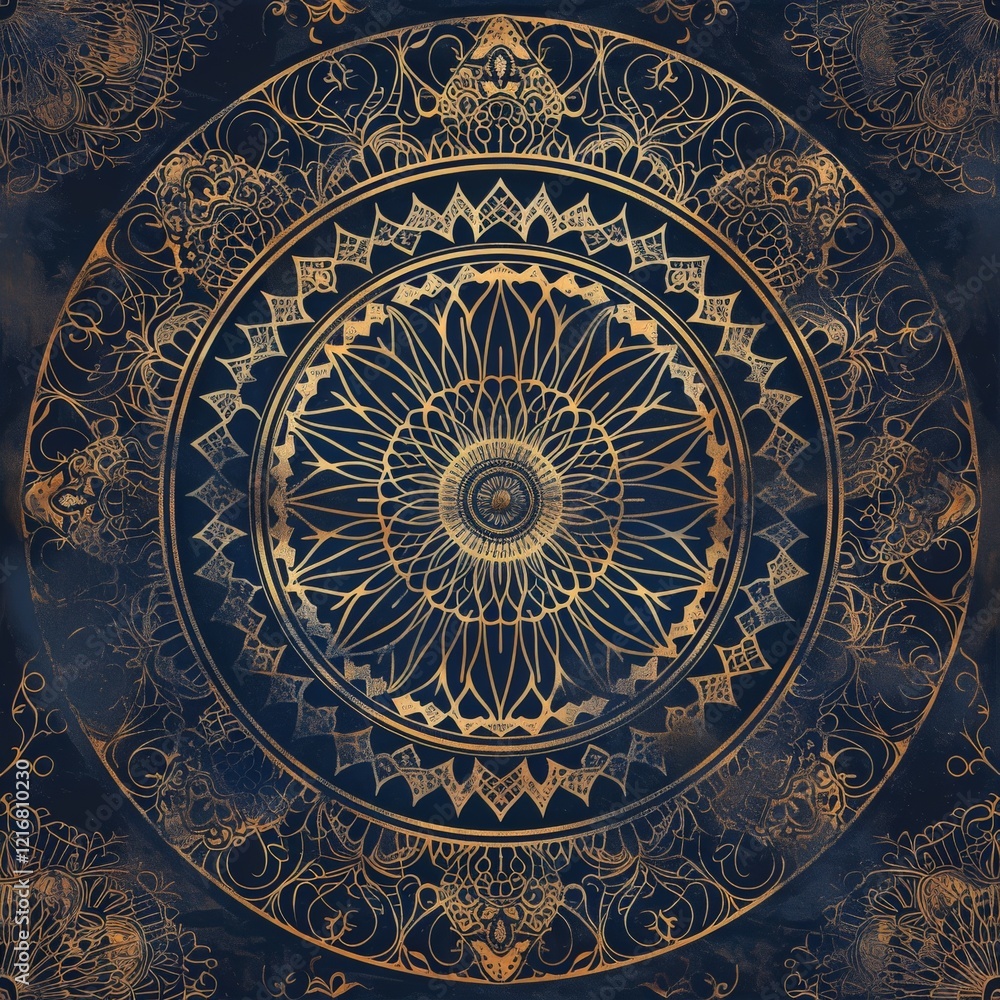 Fototapeta premium Intricate golden mandala design on deep blue background with decorative patterns