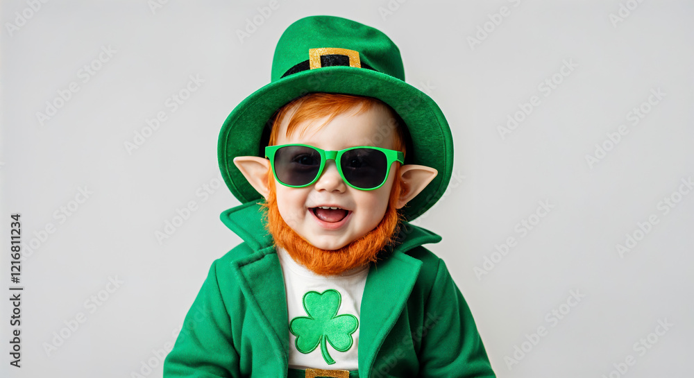 Fototapeta premium Adorable red-haired child in a leprechaun costume with a green hat, sunglasses, fake beard, and shamrock shirt celebrating St. Patrick’s Day.