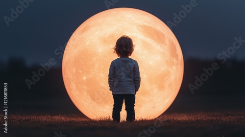 Manifest and vision concept, A child stands before a giant moon, gazing in awe, capturing a moment of wonder and imagination under the night sky.