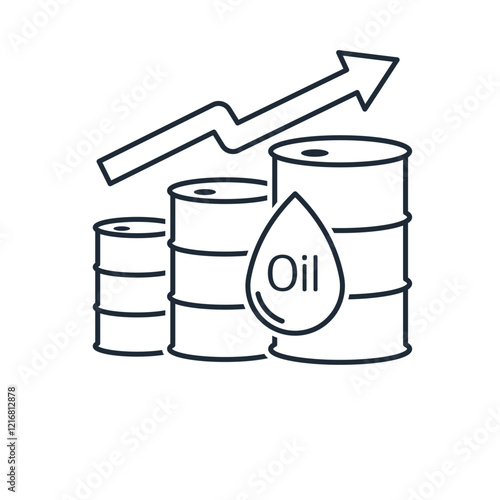 Oil barrels and up arrow. Increase in oil production. Vector linear icon isolated on white background.