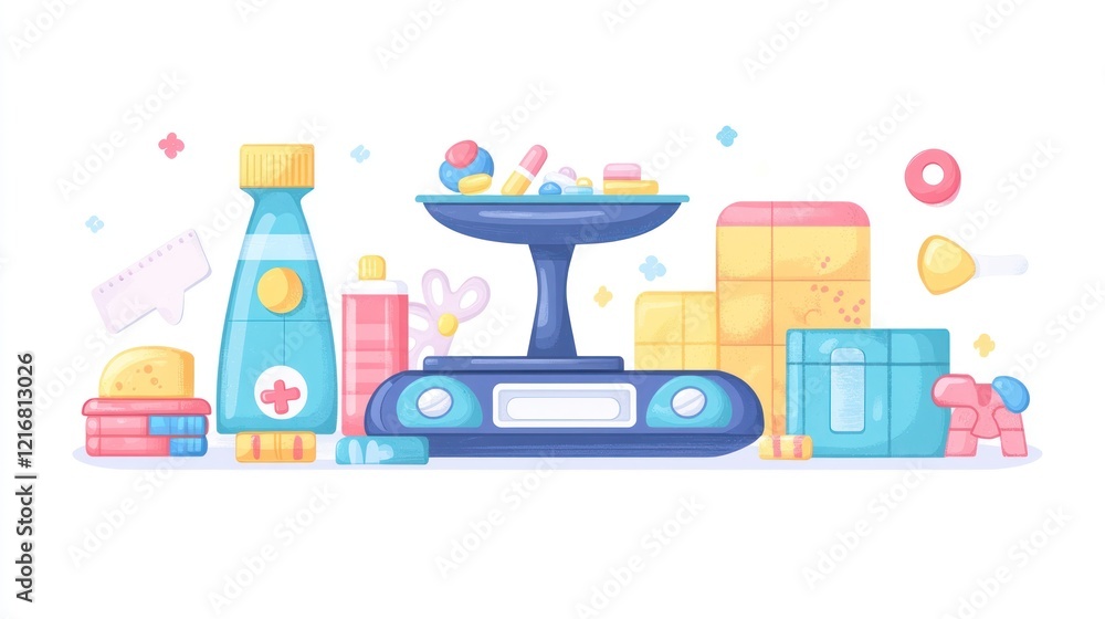 Colorful illustration of various medications and pills on a scale. Colorful illustration of various medications and pills on a scale.
