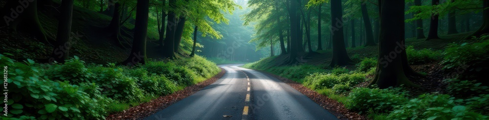 Fototapeta premium Dark granite road winding through dense forest, forest, granite road