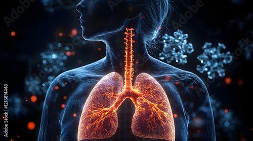 Woman mesothelioma glowing depiction of lungs showing cancerous growth in the pleura photo