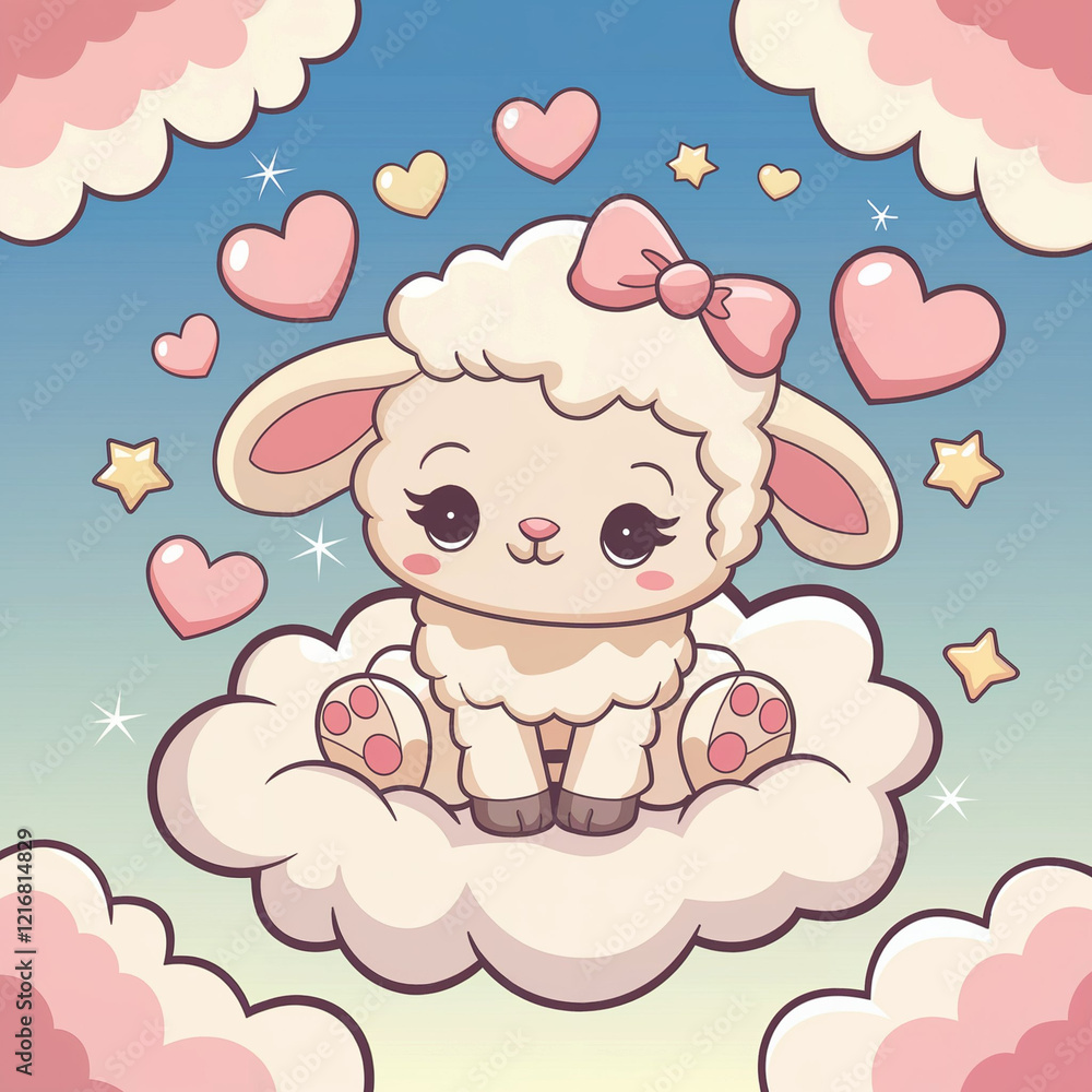 Adorable Kawaii Lamb Floating on Dreamy Cloud with Hearts Adorable Kawaii Lamb Floating on Dreamy Cloud with Hearts