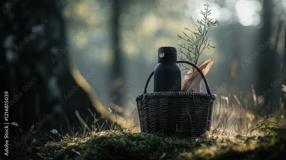 Black water bottle and a small plant in a woven basket on a moss-covered ground in a forest. the background is blurred, but it appears to be a dense forest with tall trees and greenery. Black water bottle and a small plant in a woven basket on a moss-covered ground in a forest. the background is blurred, but it appears to be a dense forest with tall trees and greenery.