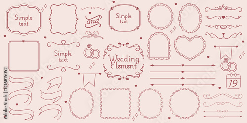 Wedding element set. Love theme simple doodle illustration for design. Wedding elements, hearts, romantic icons. Love clipart, arrows, text, rings, letters, sweets.