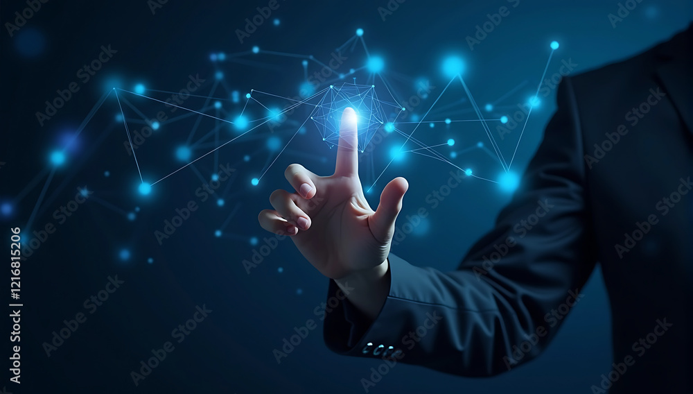 A person interacting with a digital holographic network, symbolizing futuristic technology, innovation, and virtual connectivity in the digital age.