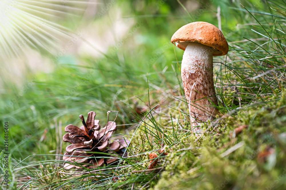 Pair of leccinum mushrooms grow from the earthy ground beside a fallen pinecone, set against a backdrop of grass and subtle natural lighting