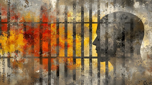 Imprisoned man, fiery background, justice concept, stock photo