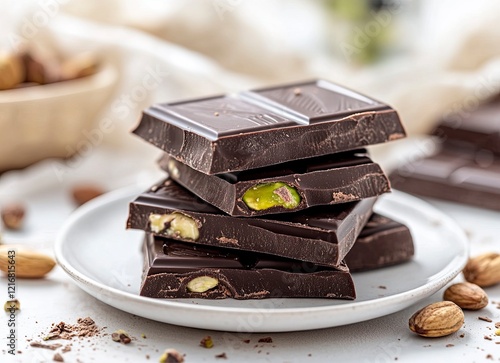 A dynamic stock photo of stacked chocolate bars with pistachio filling, on a white plate, light background, blurred nuts in the background, soft natural lighting, high-resolution photography. photo