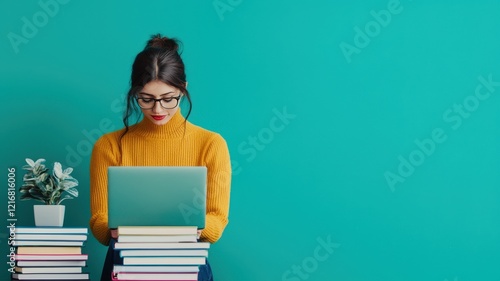 Online learning with education and assessment concept. Young woman studying on a laptop surrounded by books and plants.