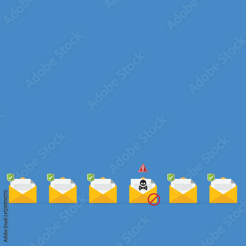 Email / envelope with black document and skull icon. Virus, malware, email fraud, e-mail spam, phishing scam, hacker attack concept. Vector illustration	