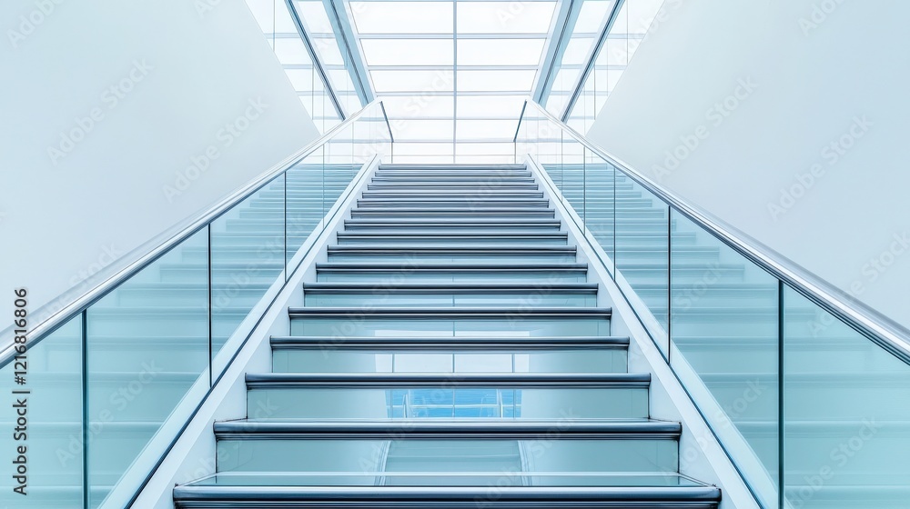 Manifest and vision concept, A modern staircase leads upward, illuminated by natural light filtering through a glass ceiling, creating a bright and airy atmosphere. Manifest and vision concept, A modern staircase leads upward, illuminated by natural light filtering through a glass ceiling, creating a bright and airy atmosphere.