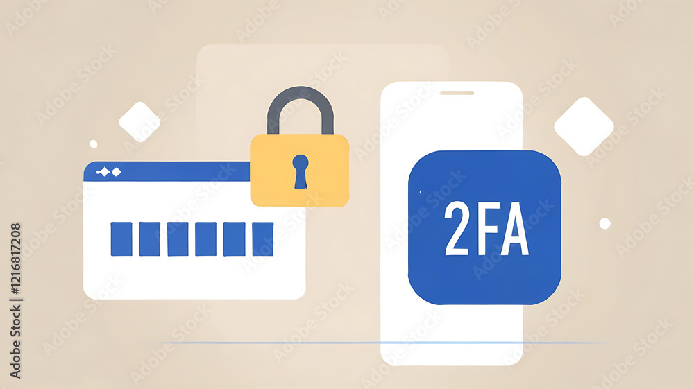 Two-Factor Authentication (2FA) Security Illustration: secure login process, online security, authentication methods, data protection visual, password protection, user authentication, digital security Two-Factor Authentication (2FA) Security Illustration: secure login process, online security, authentication methods, data protection visual, password protection, user authentication, digital security