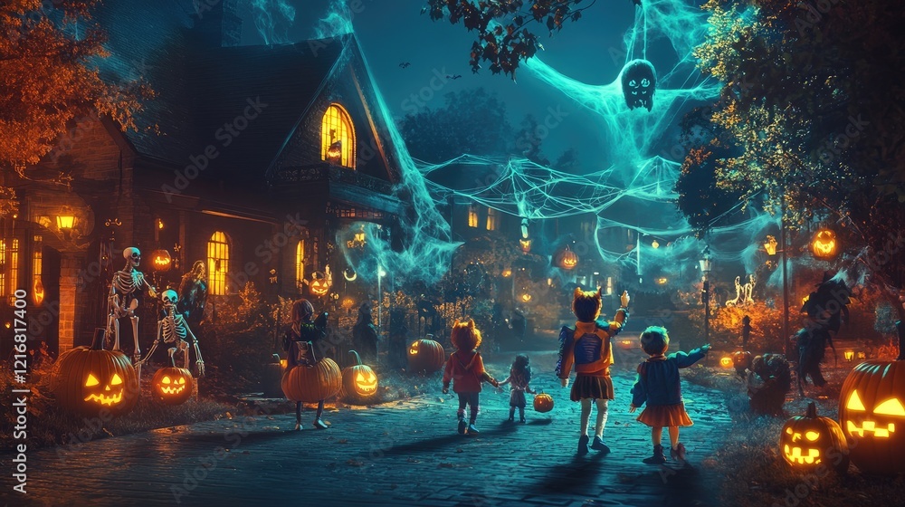 Enchanted Halloween Night: Children Trick-or-Treating in a Mystical Village Enchanted Halloween Night: Children Trick-or-Treating in a Mystical Village