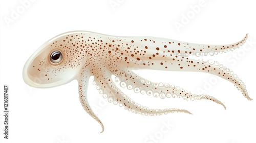 Small light-brown octopus with dark spots, eight tentacles, and large eye, isolated on white background. photo