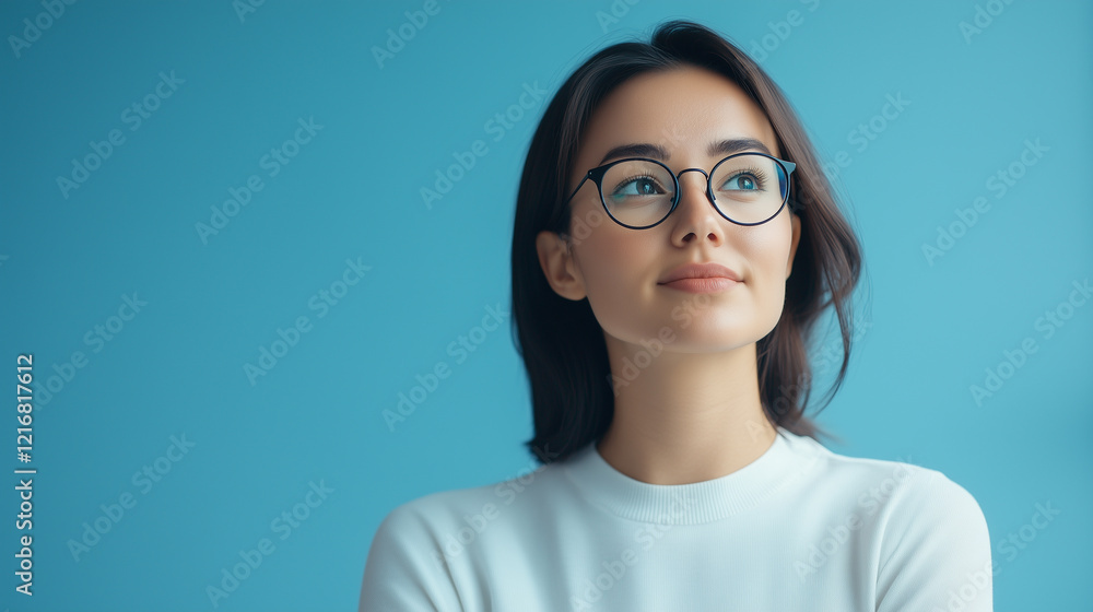 thoughtful woman with glasses gazes upward against blue background, reflecting on ideas and possibilities. Her expression conveys curiosity and contemplation. thoughtful woman with glasses gazes upward against blue background, reflecting on ideas and possibilities. Her expression conveys curiosity and contemplation.