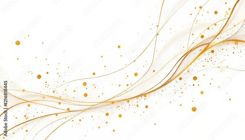 Abstract golden wave design with flowing lines and scattered dots on a white background.