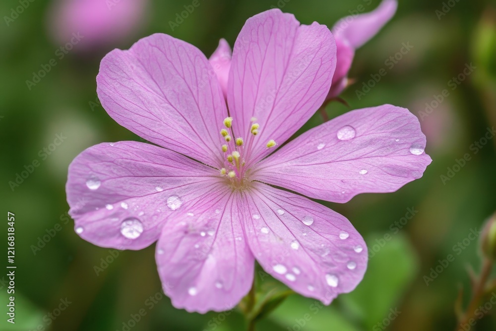 Close-Up of Delicate Pink Flower with Dew Drops . A close-up of a pink flower adorned with glistening water droplets, showcasing its delicate petals and vibrant color. Close-Up of Delicate Pink Flower with Dew Drops . A close-up of a pink flower adorned with glistening water droplets, showcasing its delicate petals and vibrant color.