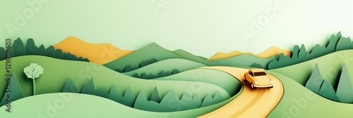 A paper cut style countryside illustration with a winding road, green and yellow hills, and a yellow car driving through the landscape