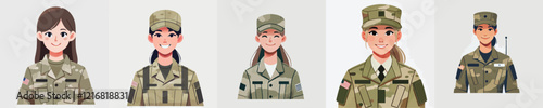 vector set of female soldiers smiling