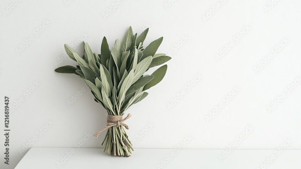 A bundle of fresh sage leaves tied with twine, styled on a clean white table picture A bundle of fresh sage leaves tied with twine, styled on a clean white table picture