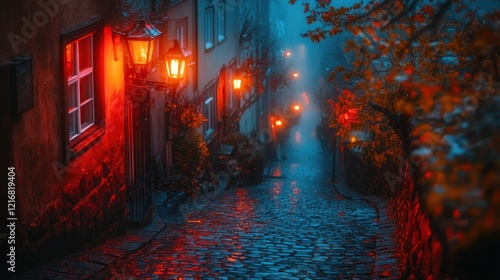 Foggy cobblestone lane, autumn night, red glow, historic city, travel poster