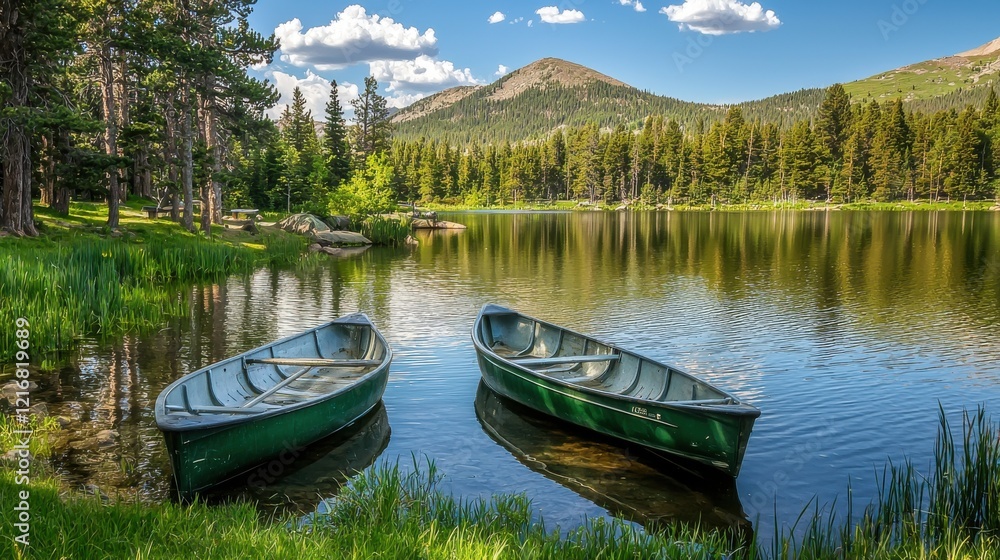 Scenic Mountain Landscape with Two Rowboats Anchored by a Serene Lake Surrounded by Lush Forest and Reflections Scenic Mountain Landscape with Two Rowboats Anchored by a Serene Lake Surrounded by Lush Forest and Reflections