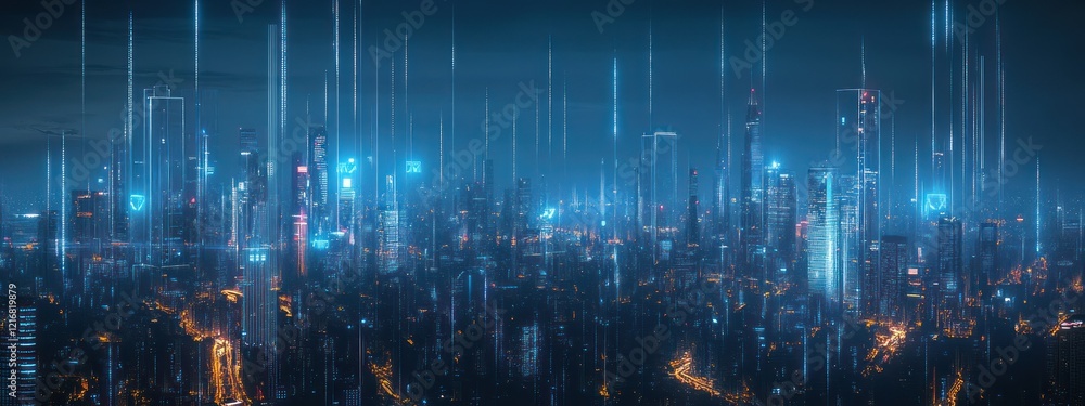Obraz premium Futuristic cityscape with neon lights and digital elements creating a high-tech atmosphere.