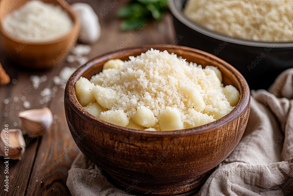 A ceramic bowl of freshly made gnocchi styled with grated Parmesan on top. picture A ceramic bowl of freshly made gnocchi styled with grated Parmesan on top. picture