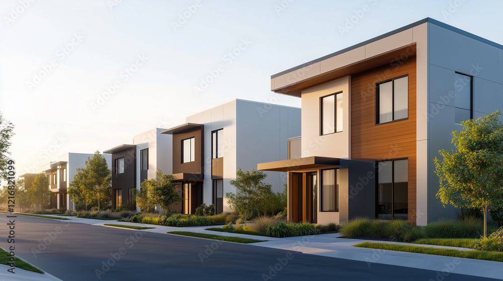 Modern residential houses line quiet street, showcasing sleek architecture and greenery. warm sunlight enhances inviting atmosphere. Modern residential houses line quiet street, showcasing sleek architecture and greenery. warm sunlight enhances inviting atmosphere.