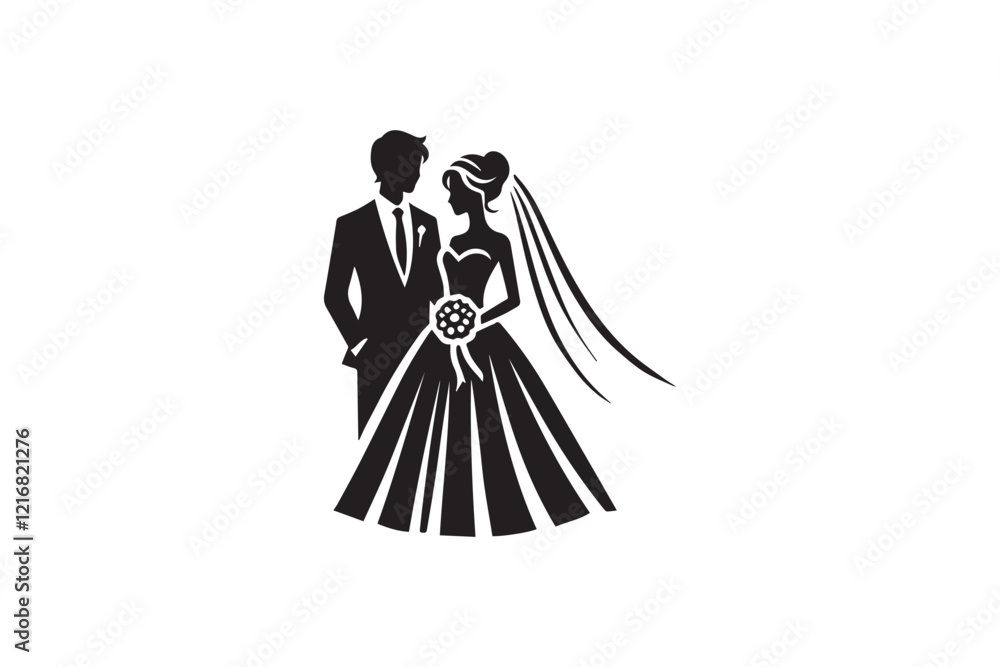 Bride and groom silhouette vector illustration in black and white, set against a white background Bride and groom silhouette vector illustration in black and white, set against a white background
