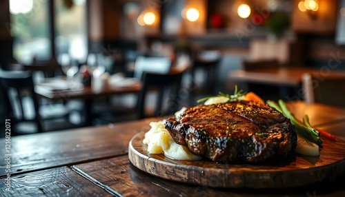 Rustic table surface with steak and mashed potatoes. Classic steakhouse bokeh background.