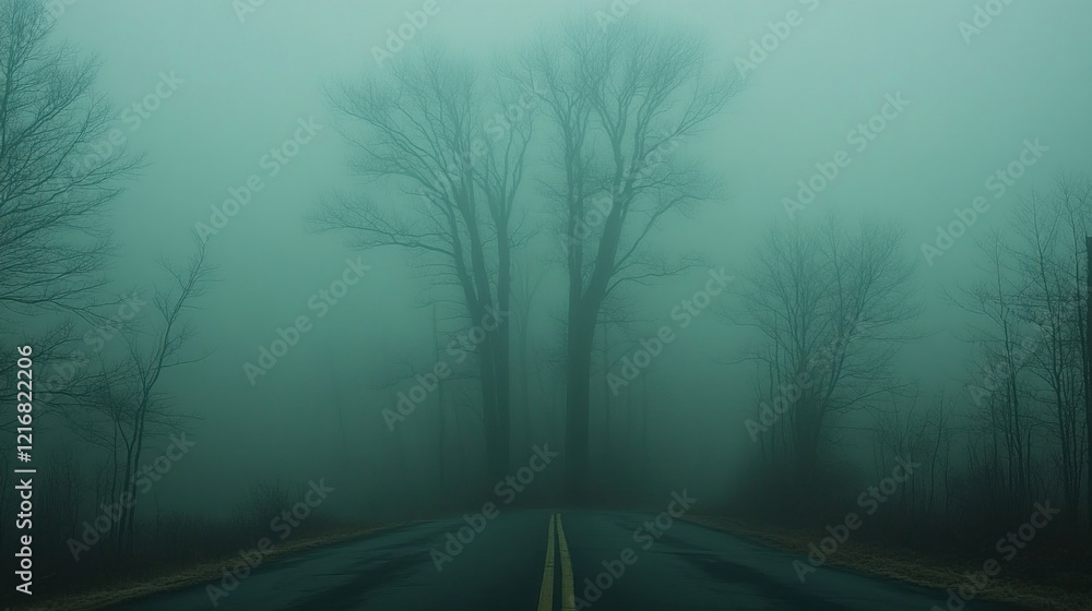 Obraz premium Foggy road, trees, winter landscape, mystery, travel