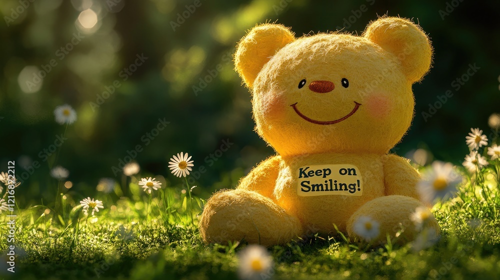 Fototapeta premium Smiling Teddy Bear in Sunny Meadow: A Joyful, Soft Image