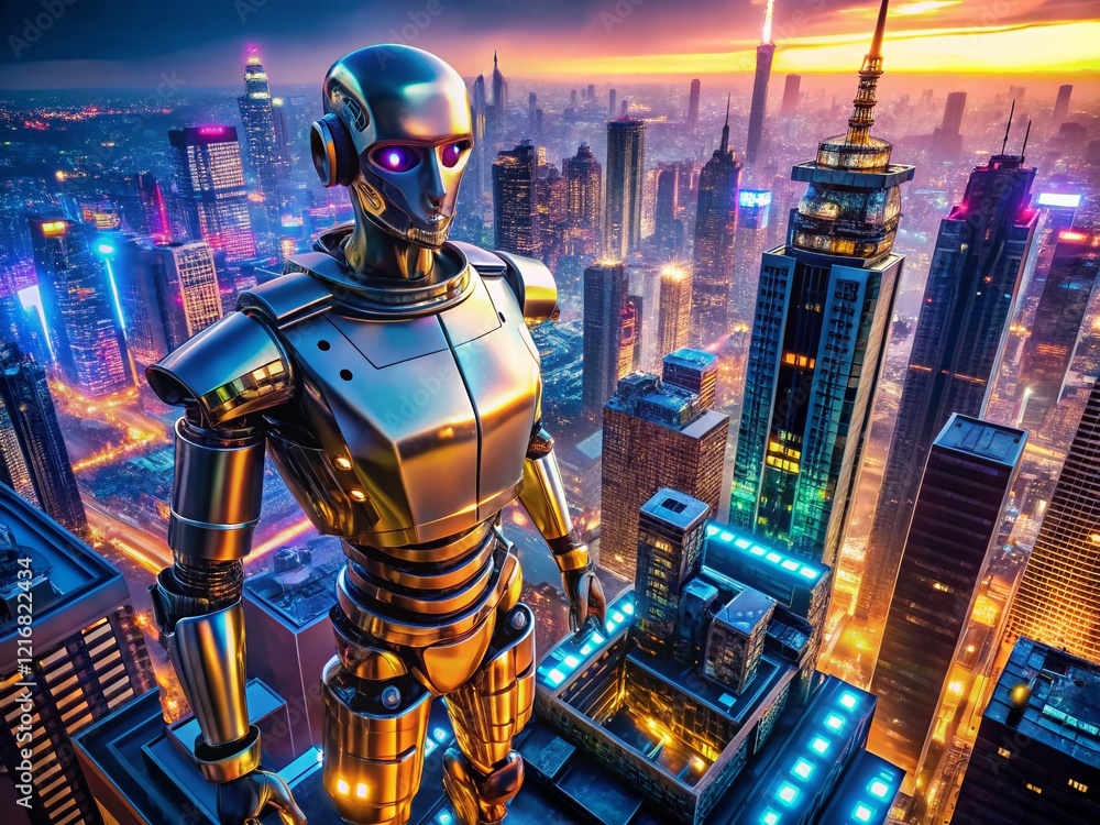 Aerial View of Futuristic City with Giant Robot - Generative AI Art Aerial View of Futuristic City with Giant Robot - Generative AI Art