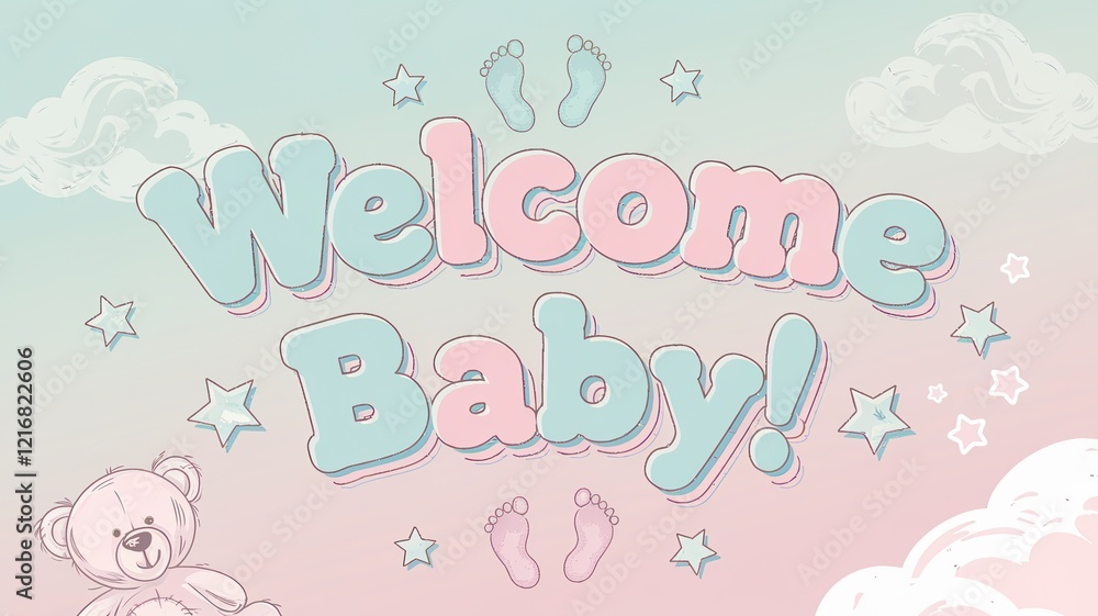 Fototapeta premium Pastel babythemed design with Welcome Baby text and illustrations