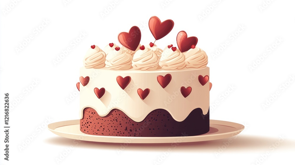 Delicious chocolate cake decorated with hearts and cream for Valentine's Day. Delicious chocolate cake decorated with hearts and cream for Valentine's Day.