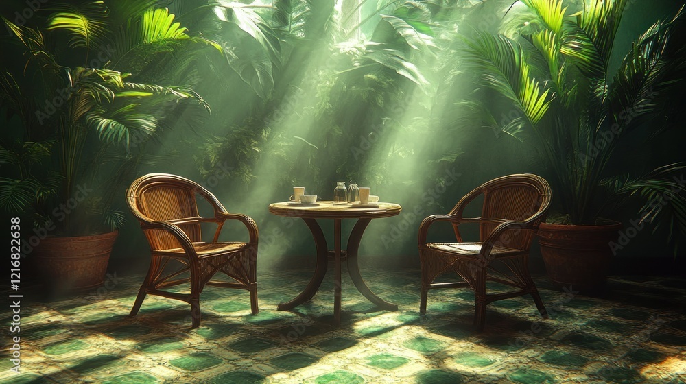 Tropical Garden Cafe, Sunbeams, Chairs, Table, Relaxing Tropical Garden Cafe, Sunbeams, Chairs, Table, Relaxing
