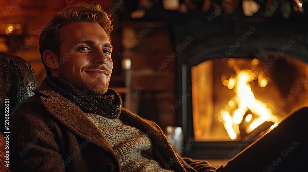 A smiling man sits on the floor in front of a roaring fireplace, wearing a brown hoodie and an orange beanie. A smiling man sits on the floor in front of a roaring fireplace, wearing a brown hoodie and an orange beanie.