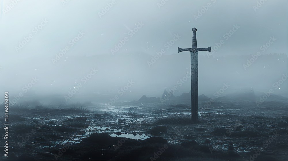 Naklejka premium Sword Shrouded on the ground in a battlefield. Silence of Death After War fog background 